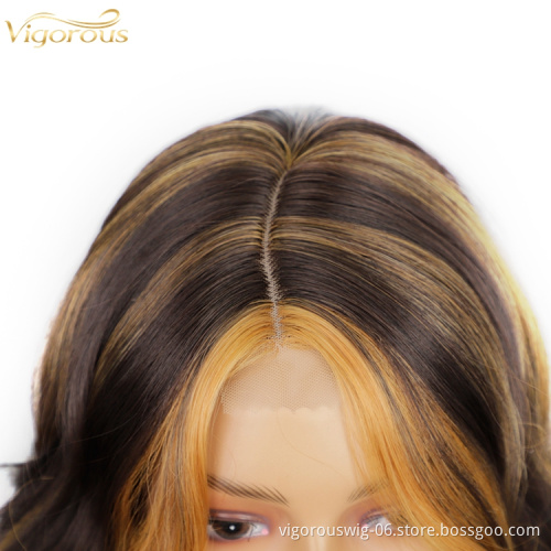 Highlight Blonde High Quality Side Part Synthetic lace Long Wavy Glueless Wig Women Cosplay Heat Resistant Fiber Curly Color Wig